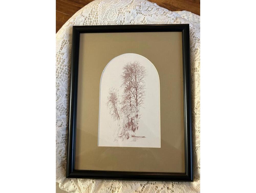 Framed Botanical Tree Art Print in Black Frame and Tan Mat